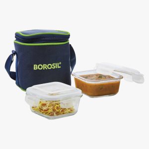 BOROSIL Set Of 2 Lunch Box Square - Kns Vertical Blue 320 Ml